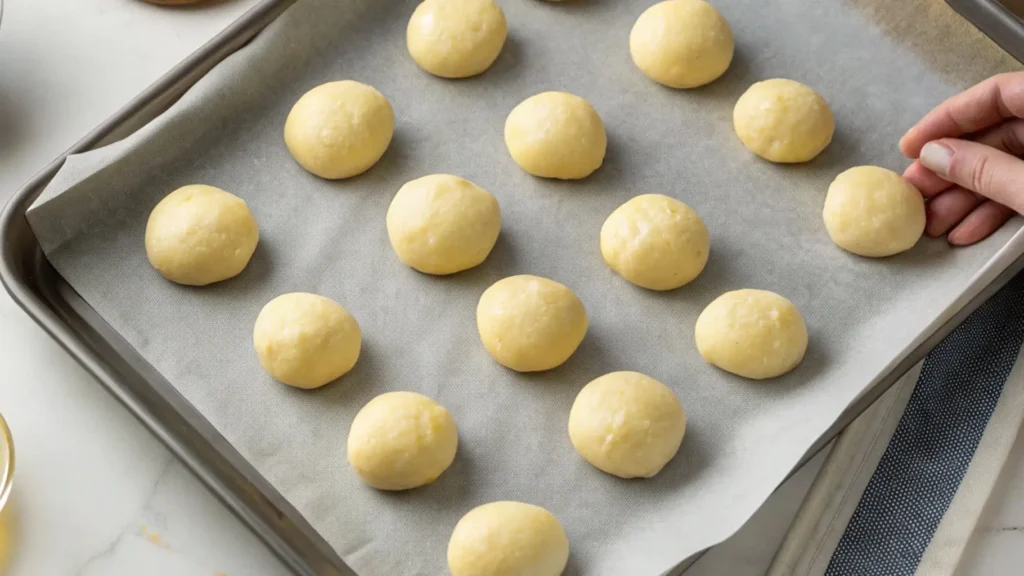 Hand arranging small round dough balls on a parchment-lined baking tray, evenly spaced and ready to bake.