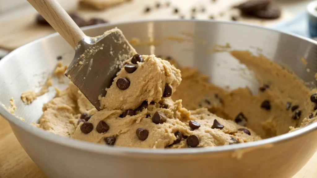 Thick chocolate chip cookie dough being folded with a spatula in a metal mixing bowl.