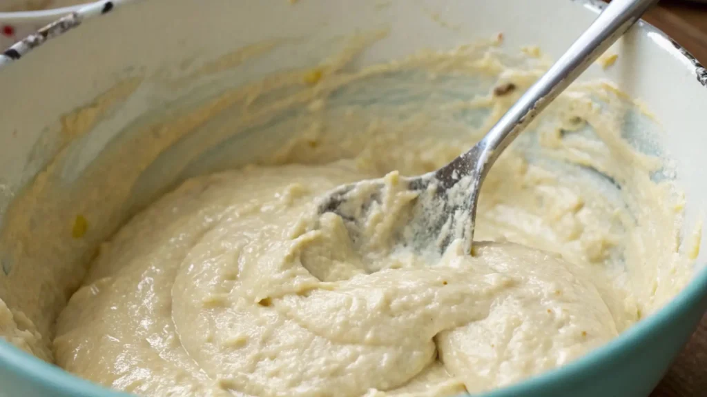 Thick gluten free banana bread batter being gently folded in a mixing bowl with a metal spoon, showing a smooth, creamy texture.