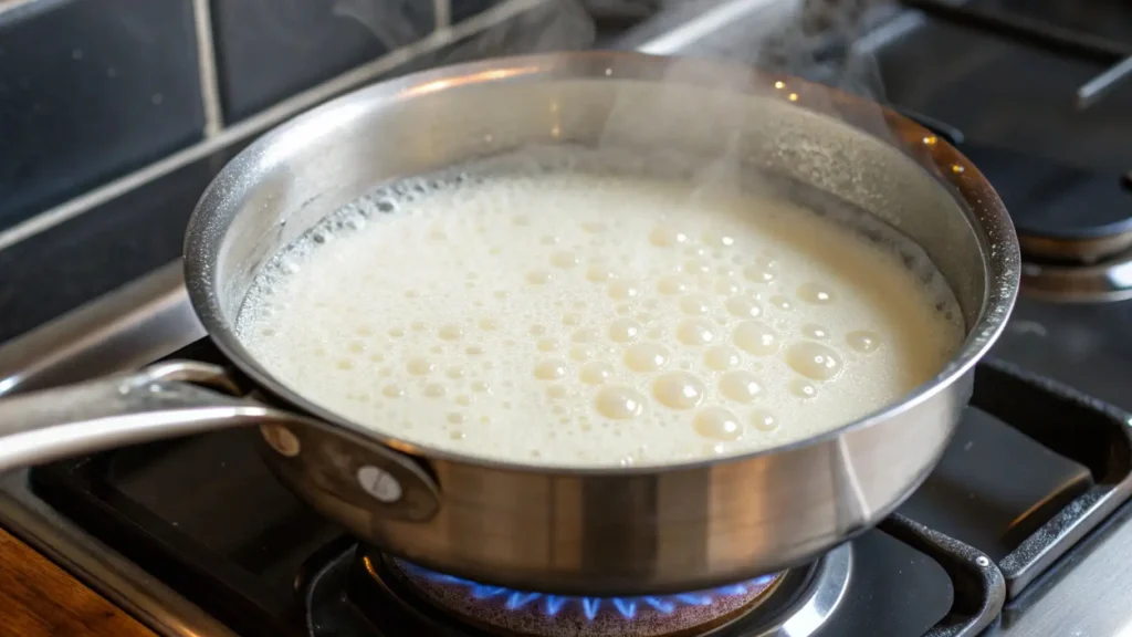 Stainless steel saucepan of milk mixture gently boiling on a gas stove, with steam rising and bubbles forming on the surface.
