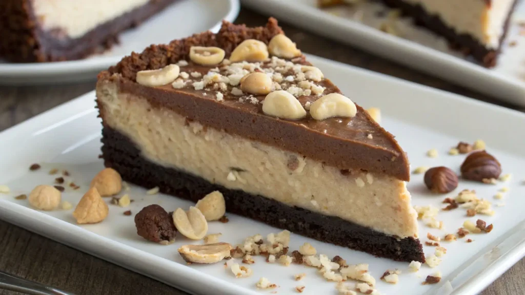 Slice of Hula Pie with chocolate cookie crust, macadamia ice cream layer, glossy fudge topping, and chopped macadamia nuts on a white plate.