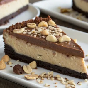 Close-up slice of Hula Pie on a white plate with dark chocolate cookie crust, creamy macadamia ice cream layer, smooth fudge topping, and macadamia nuts.