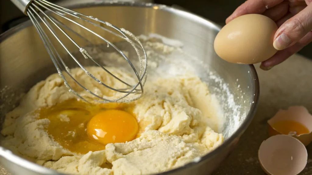 Egg yolk sitting in the center of a soft dough in a metal mixing bowl, with a whisk resting nearby and a hand holding another egg.