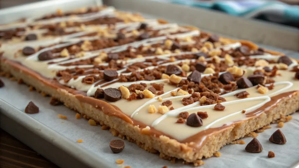 Close-up of a par-baked crust topped with sweetened condensed milk, drizzles, toffee crumbles, and chocolate chips on a parchment-lined sheet.