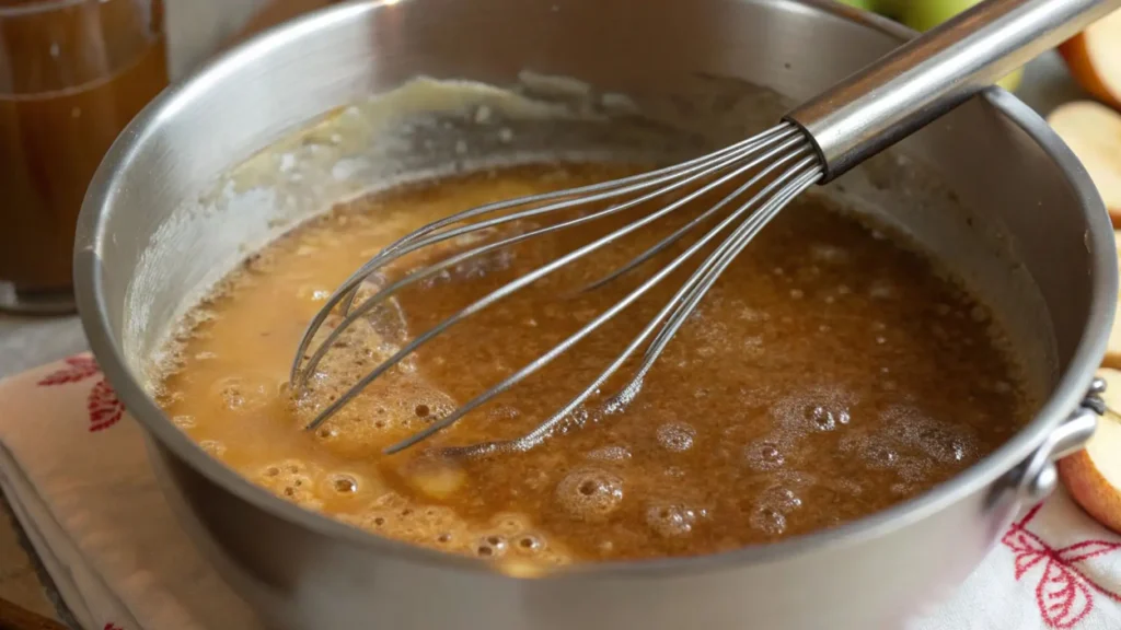 Stainless steel saucepan filled with bubbling spiced syrup being whisked to make ClearJel thickened base for canning apple pie filling.