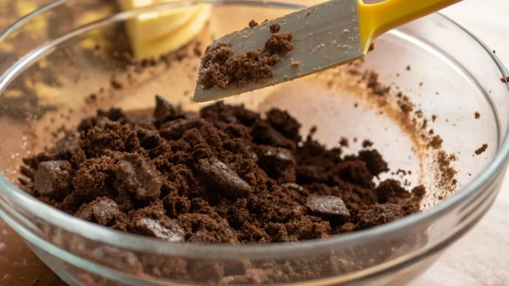 Glass bowl filled with crushed chocolate cookie crumbs, with a spatula lifting the crumb mixture while making a pie crust.