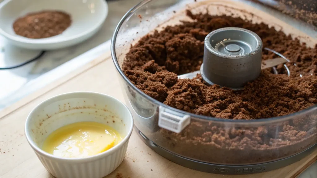Food processor with fine chocolate cookie crumbs for a pie crust, next to a small ramekin of melted butter on a wooden board.