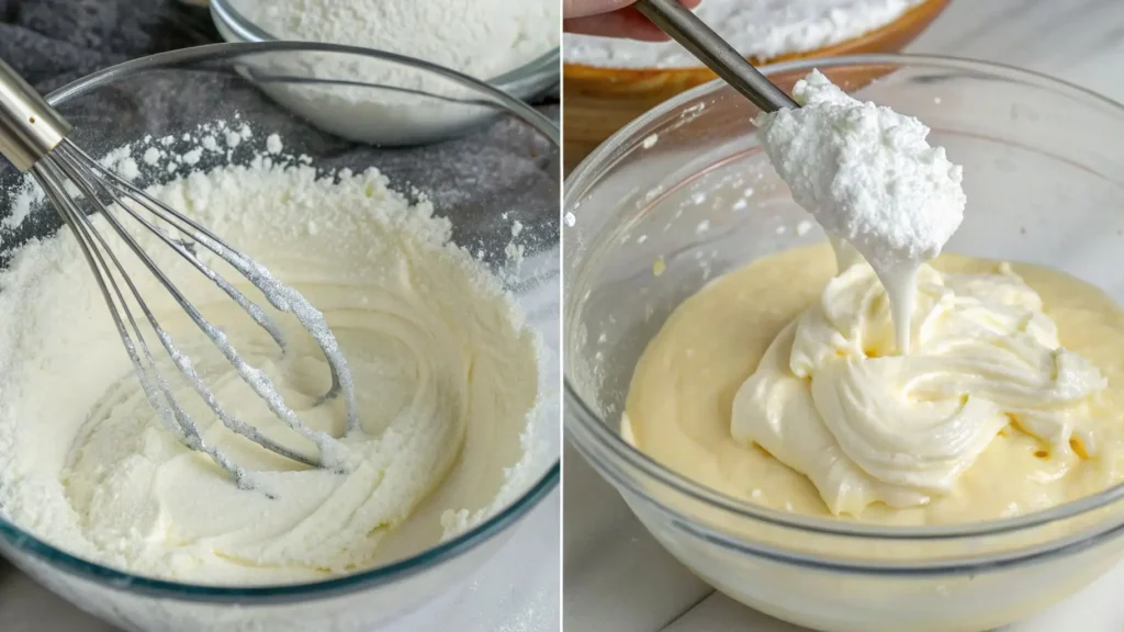 Side-by-side image showing the process of making cream filling: on the left, a whisk mixing thick whipped cream in a glass bowl, and on the right, fluffy whipped cream being folded into a smooth pudding mixture.