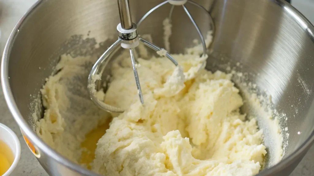 Stand mixer bowl with paddle beaters creaming butter and sugar to a pale, fluffy mixture; egg yolk in a small ramekin nearby for Linzer tart cookies dough.