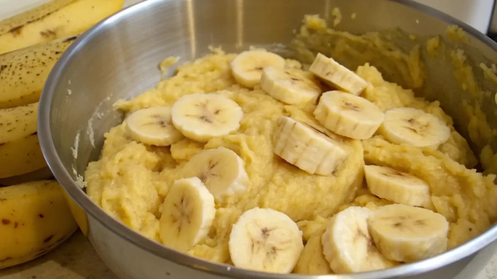 Stainless steel bowl of mashed ripe bananas with fresh banana slices on top, ready to mix for banana bread batter; whole bananas on the counter.