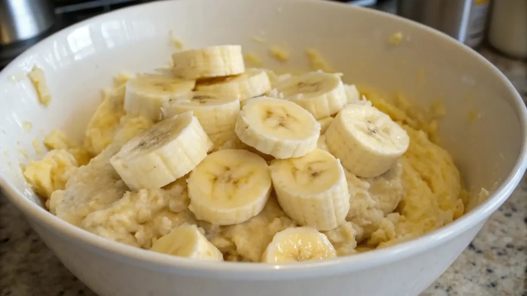 Bowl of banana bread batter topped with fresh banana slices, ready to mix.