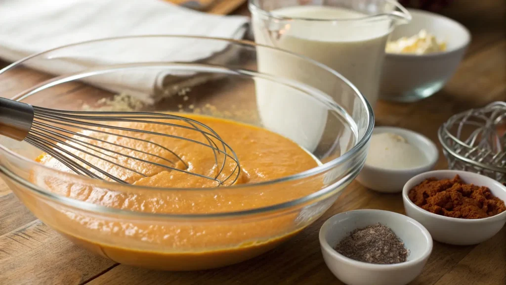 Glass bowl of sweet potato custard being whisked, with milk, sugar, and warm spices in small bowls on a wooden counter.