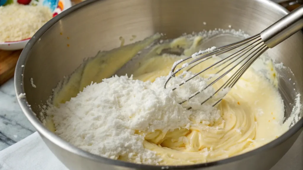 Close-up of shredded coconut being folded into a creamy pie filling with a whisk inside a stainless steel mixing bowl.