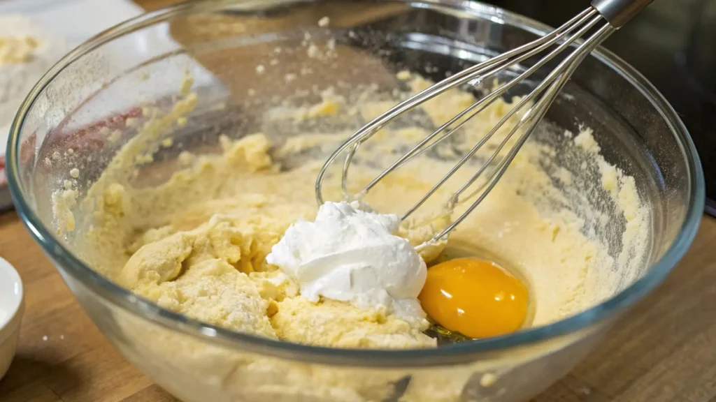 Glass mixing bowl with yellow cake mix, an egg yolk, and a dollop of whipped topping being whisked together for Cool Whip cookie dough.