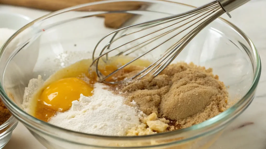 Close-up of cookie ingredients with an egg, sugars, and flour in a glass bowl with a whisk ready to mix.