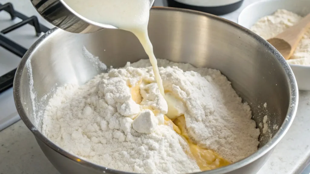 Warm milk mixture being poured into a large bowl of white flour in a stainless steel mixing bowl, starting to combine into a dough.