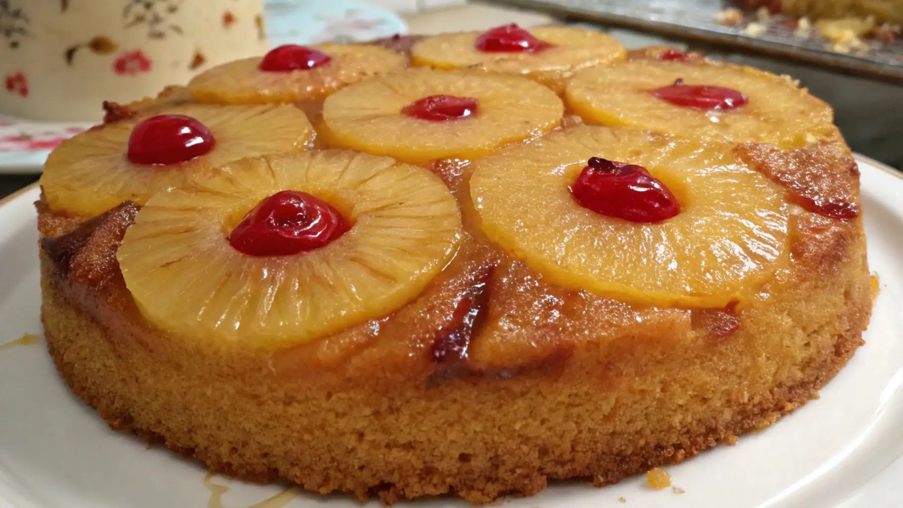 Close-up of a golden pineapple upside down cake made with cake mix, topped with glossy pineapple rings and bright red maraschino cherries, served on a white plate.