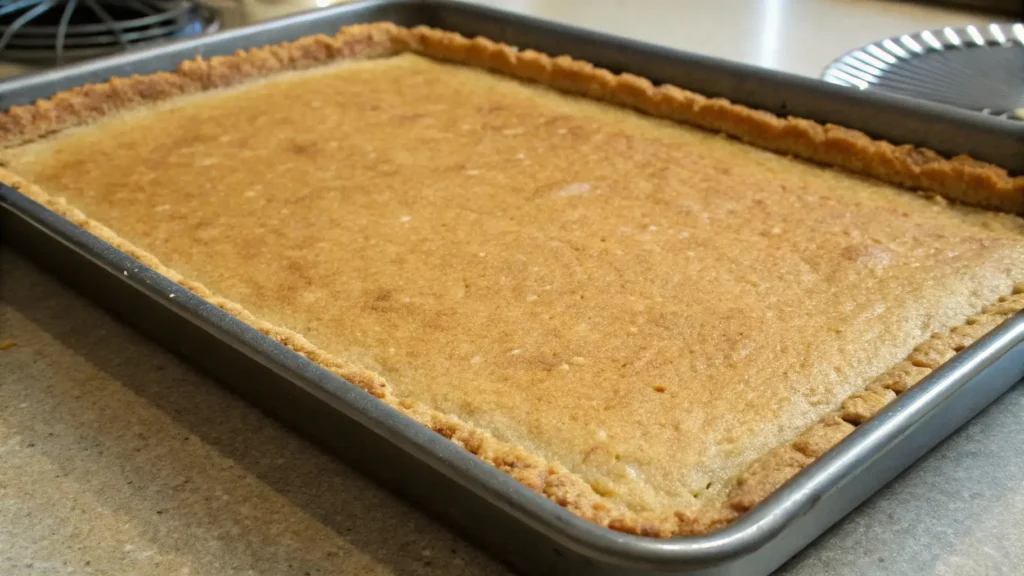 Par-baked cake mix crust pressed into a 9×13 pan with lightly golden edges, ready for condensed milk, toffee bits, and chocolate layers.