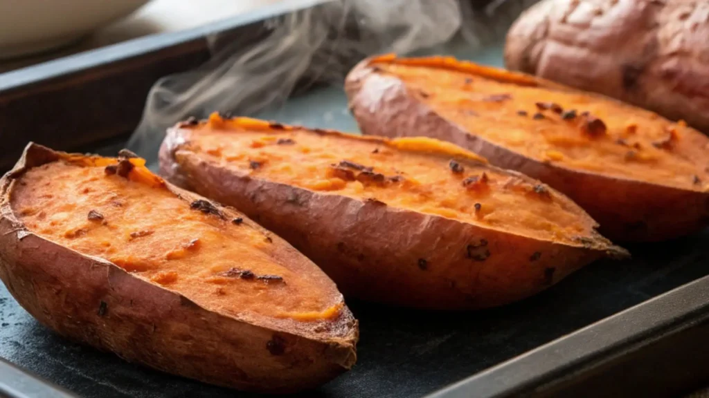 Steaming roasted orange-fleshed sweet potatoes, halved on a dark baking sheet with caramelized tops, ready to mash for pie.