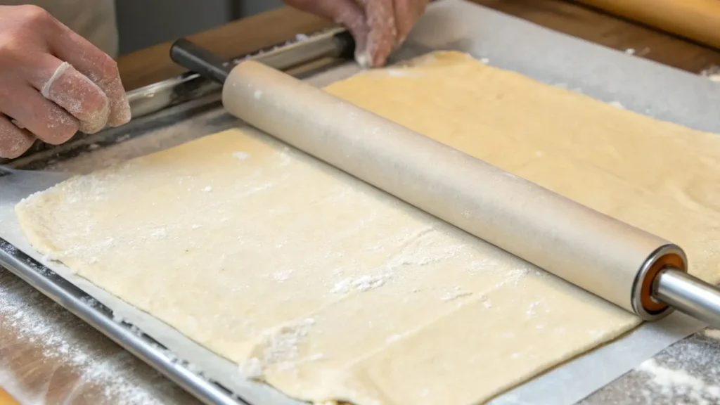 Hands rolling Linzer cookie dough between parchment on a sheet pan with a rolling pin, creating an even 3 mm layer for clean cutouts.