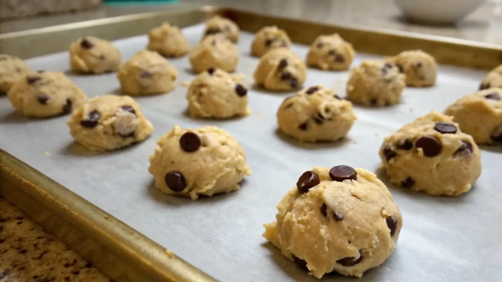 Rows of gluten free chocolate chip cookie dough balls arranged on a parchment-lined baking sheet, ready to bake.
