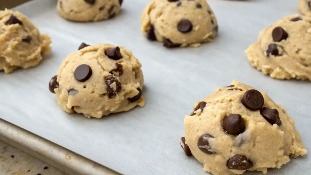Scoops of chocolate chip cookie dough spaced on a parchment-lined baking sheet, ready to bake.