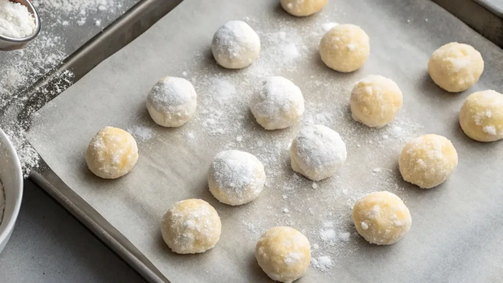 Raw cookie dough balls lightly coated in powdered sugar arranged on a parchment-lined baking sheet, ready to bake.