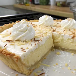 Close-up of a creamy coconut pie topped with whipped cream swirls and toasted coconut flakes, with one slice removed to show the smooth filling and flaky crust.