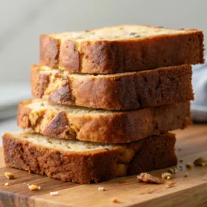 Stack of four thick slices of golden banana bread on a wooden cutting board with crumbs scattered around.