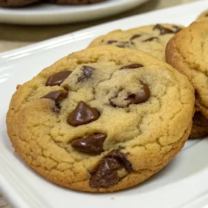 Close-up of a golden brown chocolate chip cookie with soft center and melted chips on a white plate.