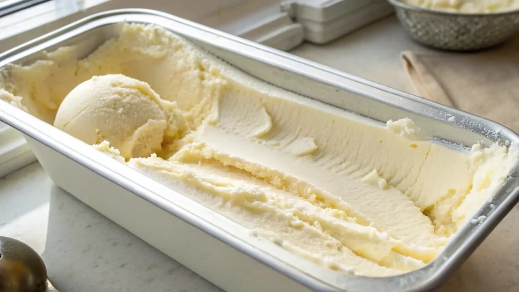 Metal tub of softened vanilla ice cream with scoop lines and one rounded scoop, ready to fill a pie.