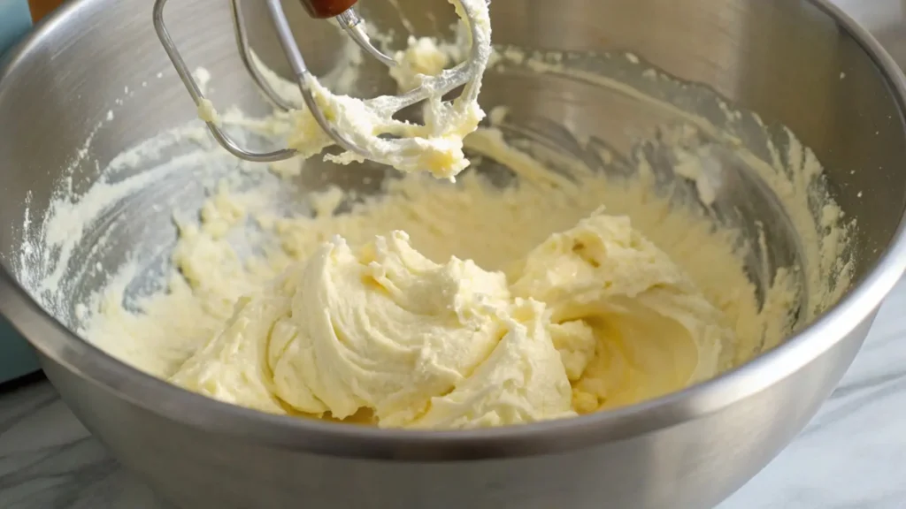 Creamy butter and sugar mixture being whipped in a stainless steel mixing bowl with electric mixer beaters.