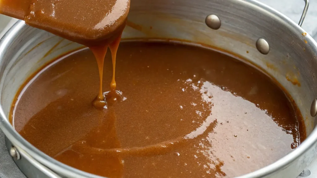 Close-up of a stainless steel pan filled with silky brown caramel sauce, with a spatula lifted above it and caramel dripping back into the pan.