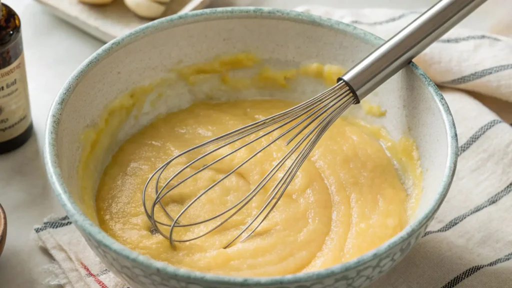 Close-up of a mixing bowl filled with smooth, creamy banana bread batter being whisked, with vanilla extract and kitchen linens in the background.