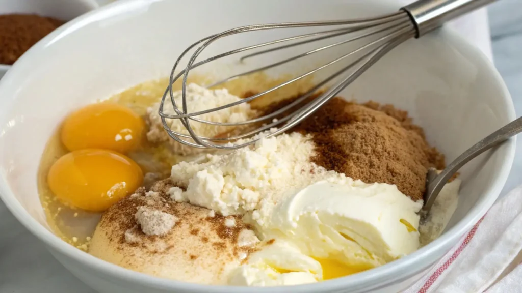 White mixing bowl with eggs, brown sugar, flour, yogurt, and melted butter, a whisk resting on top, ready to combine for banana bread batter.