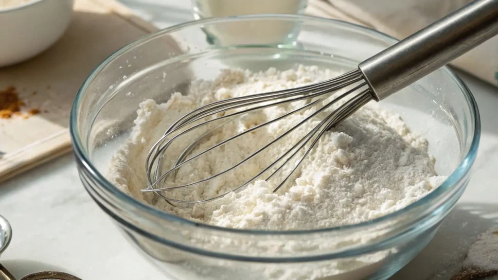 Glass mixing bowl filled with gluten free flour mixture and a metal whisk resting on top, ready for baking.