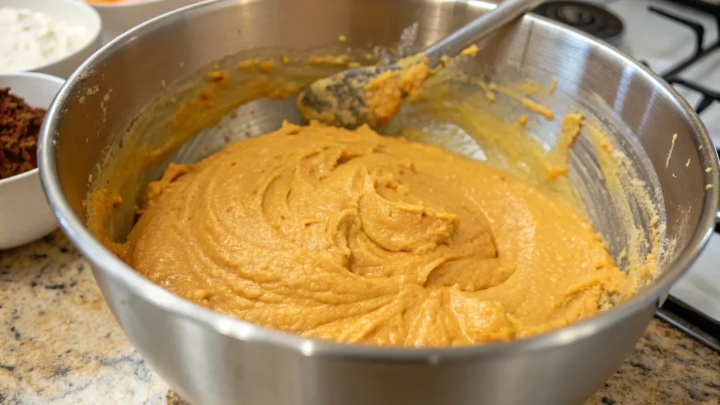 Thick pumpkin pie filling being mixed in a large stainless steel bowl with a spatula, surrounded by ingredient bowls on a kitchen counter.