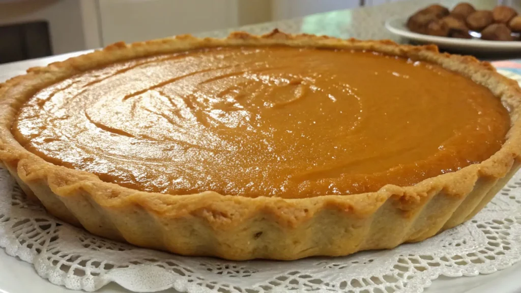 Freshly baked black folks sweet potato pie with glossy orange custard and a flaky crimped crust on a lace doily lined plate.