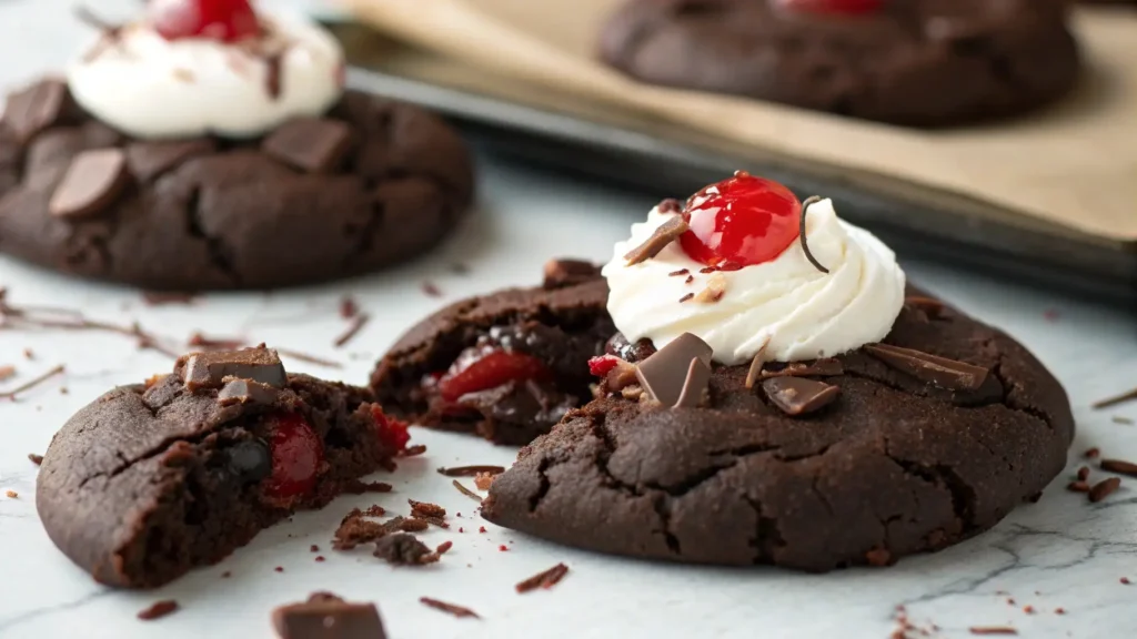 A close-up of a delicious black forest cookie with a cherry on top, whipped cream, and chunks of chocolate. The cookie is broken in half, revealing a gooey center with cherry pieces.
