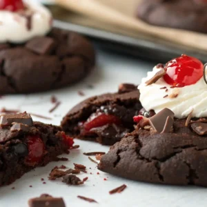 A close-up of a black forest cookie, broken open to reveal a cherry-filled center, with whipped cream and a maraschino cherry on top. Chunks of chocolate are scattered around the cookie.