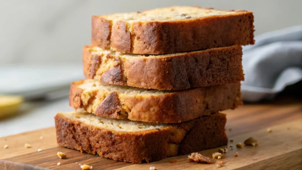 Stack of four thick slices of golden cake mix banana bread on a wooden board with crumbs scattered around.