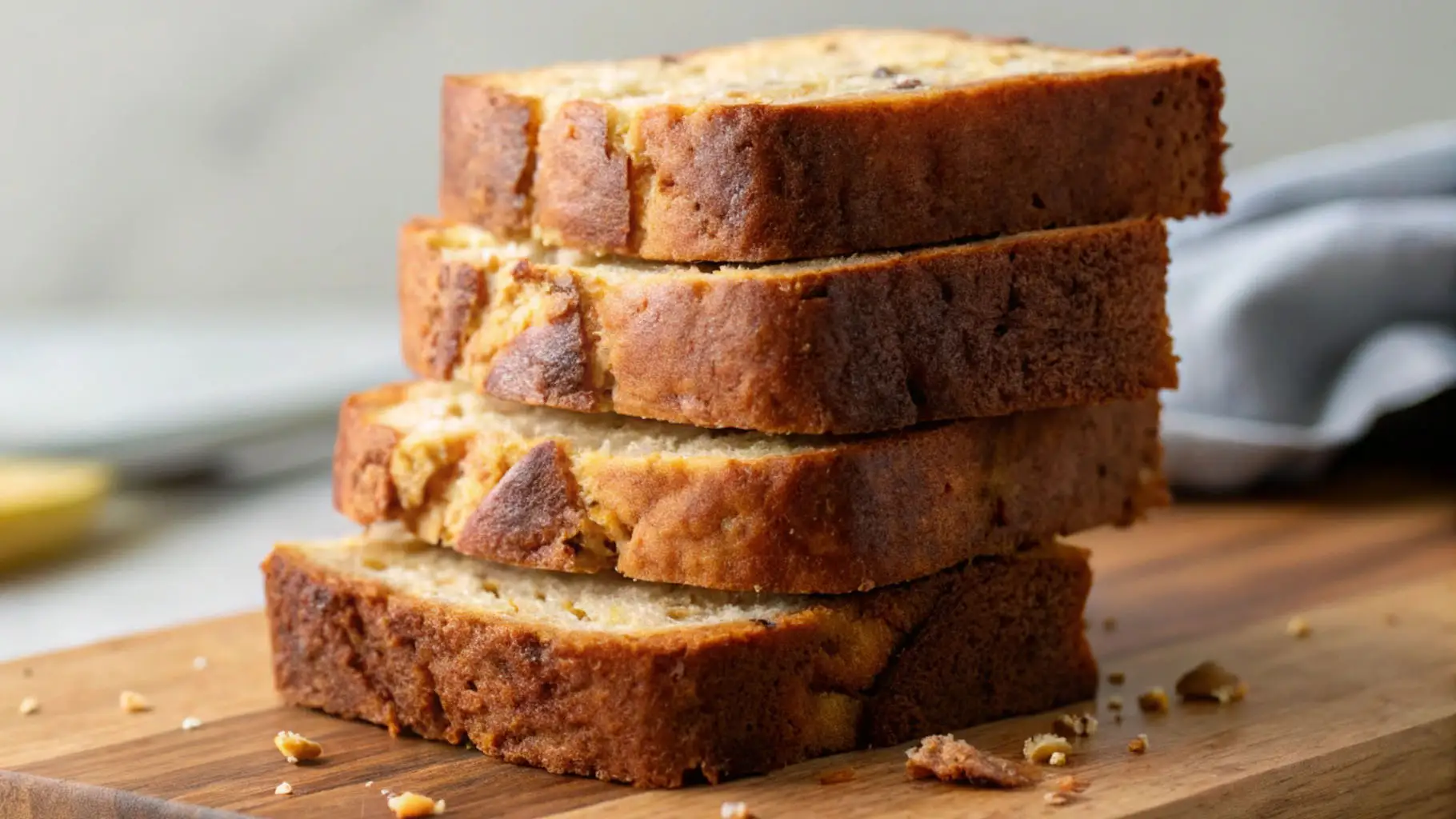 Stack of four thick slices of golden cake mix banana bread on a wooden board with crumbs scattered around.