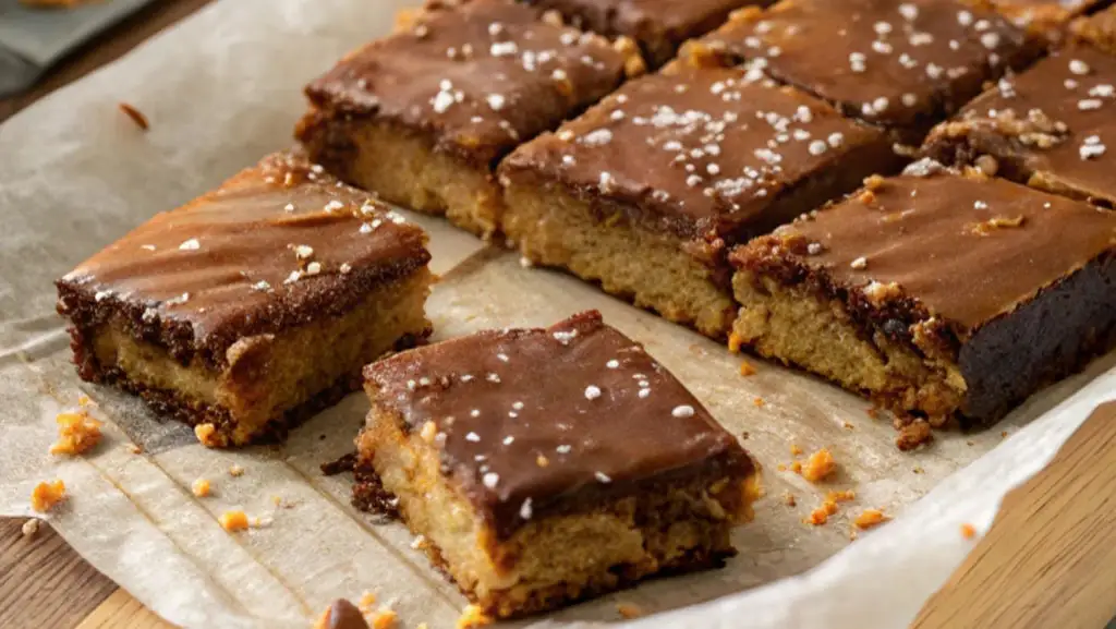 Freshly baked cake mix toffee bars cut into squares on a parchment-lined pan, glossy chocolate topping sprinkled with flaky sea salt and golden chewy layers.