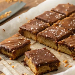 Sliced cake mix toffee bars on parchment with a glossy chocolate-toffee top, golden crumb layers, and a light sprinkle of flaky sea salt.