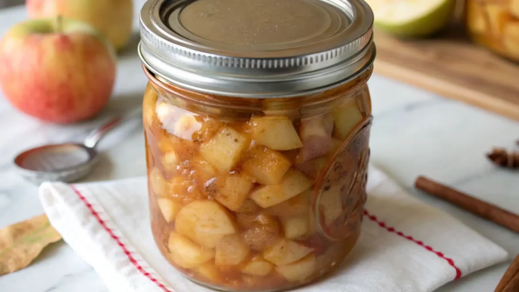 Close-up of a mason jar filled with homemade canning apple pie filling on a white napkin, with fresh apples and cinnamon sticks softly blurred in the background.