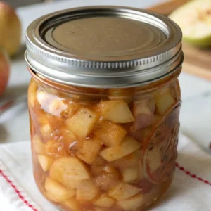 Close-up of a mason jar filled with chunky homemade canning apple pie filling on a white cloth.