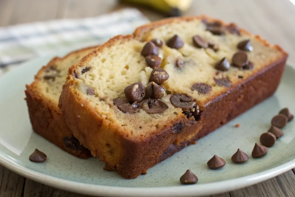 Two slices of chocolate chip banana bread on a speckled plate, golden brown edges and melty chips, rustic wood background.