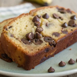 Close-up of thick slices of chocolate chip banana bread on a plate with a golden crust and glossy chips, set on a rustic tabletop.