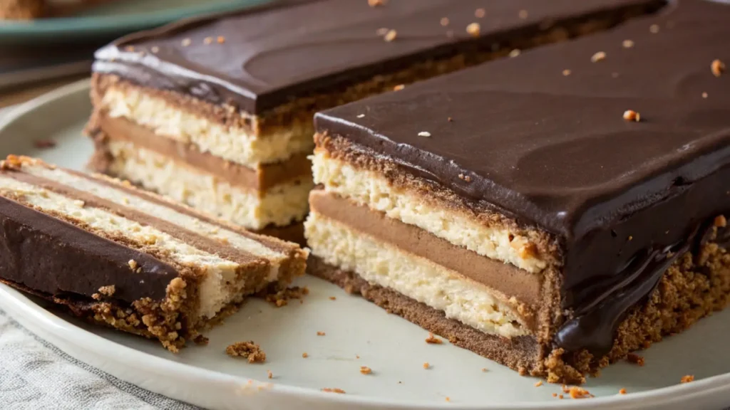 Rectangular chocolate eclair cake on a plate, sliced to show layers of vanilla cream, chocolate filling, biscuit base, and a glossy chocolate ganache topping with a crumbly edge.