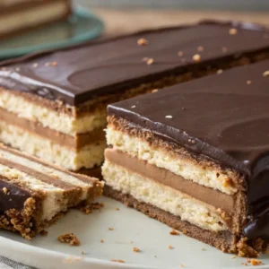 Close-up of a rectangular chocolate eclair cake with neat layers of graham crackers, vanilla cream, chocolate filling, and a glossy chocolate ganache topping, with a sliced piece in front showing the layers.